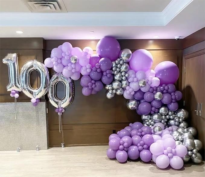Grey Violet Maca Purple Silver Balloons Garland Arch Kit, 146Pcs Latex Balloons Different Sizes 18 12 10 5 Inch for Party Decoration Birthday Wedding Engagements Anniversary Baby Shower