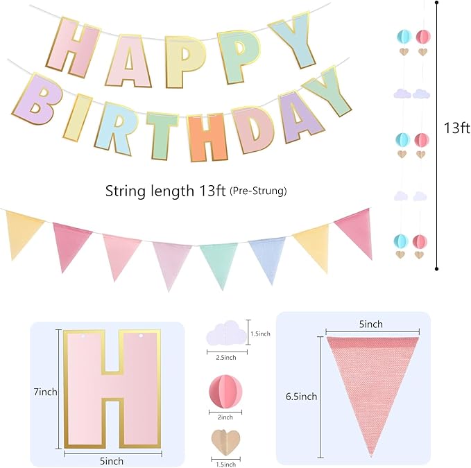 Pre-Strung Happy Birthday Banner and Decorations - Girls Toddler Birthday Decorations - 3D Garland with Pennant Banner Flags Pastel