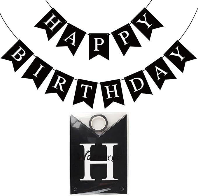Black Happy Birthday Banner Sign Happy Birthday Bunting Banner Garland for Kids Girl Woman Birthday Tea Party Decorations Bunting Flag Birthday Party Supplies