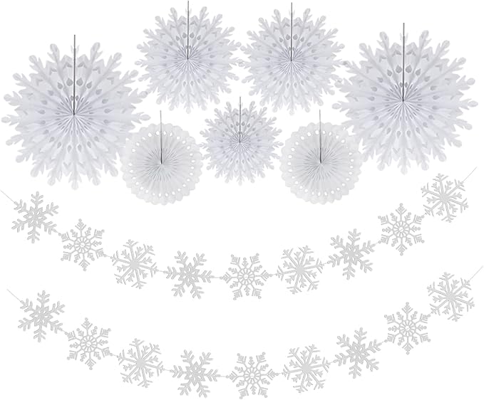 Snowflake Snow White-Silver Christmas-Frozen Party-Decorations - 9pcs Winter Girl Birthday New Year Paper Fan Banner Stareamers, Wonderland Party Supplies Decor Lasting Surprise