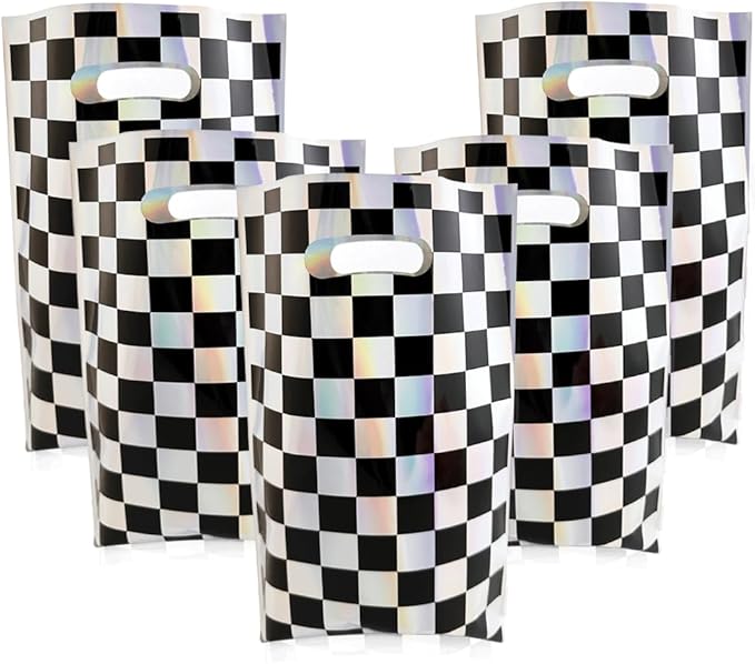 OasiZephauride 30PCS Race Car Party Favors Bags,Iridescent Black and White Party Goodie bags,Checkered Gift Bags with Handles for Kids Birthday Candy Treat Bags, Car Themed Party Supplies