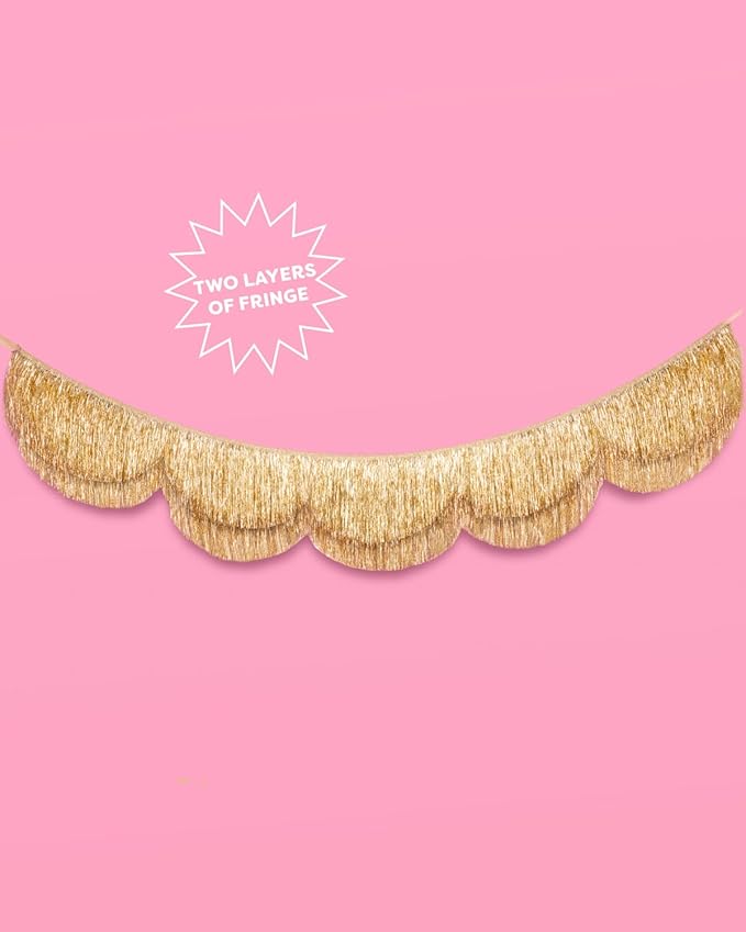 xo, Fetti Gold Scalloped Layered Fringe Banner - 5 Ft. | Bachelorette Party Decorations, Birthday Party Decor, HBD Decor, Photo Booth Banner Backdrop