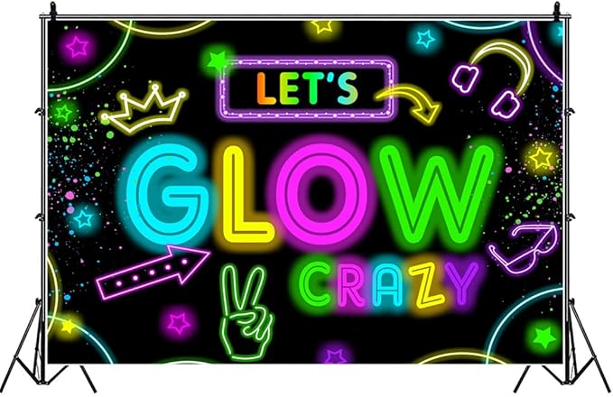 Neon Glow Party Decorations Supplies Backdrop 6x4ft Glow in The Dark Let’s Glow Banner Photography Background Birthday Sleppover Graffiti Splash Paint Black Light Kids Photo Booth