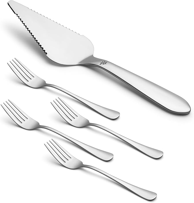 1 Pcs Cake Pie Server and 4 Forks Set for Wedding, Elegant Pizza Slicer Server Set with Stainless Steel Big Serrated Edges, Cake Cutter Pie Spatula for Birthday Anniversary, Silver