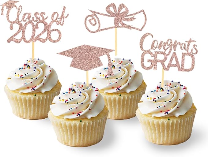 2026 Graduation Theme Cupcake Toppers Glitter Class of 2025 Graduation Cap Diploma Cupcake Picks - Set of 24 (Rose Gold2)