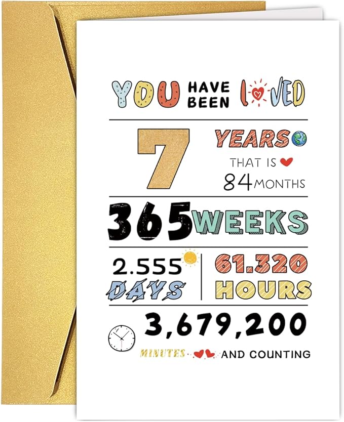 Cute 7th Birthday Card for Girl Boy, Perfect Seven Years Old Bday Gift Card for Son Daughter Grandson Granddaughter, 7 Years Kid Birthday Card From Dad Mom Grandparent