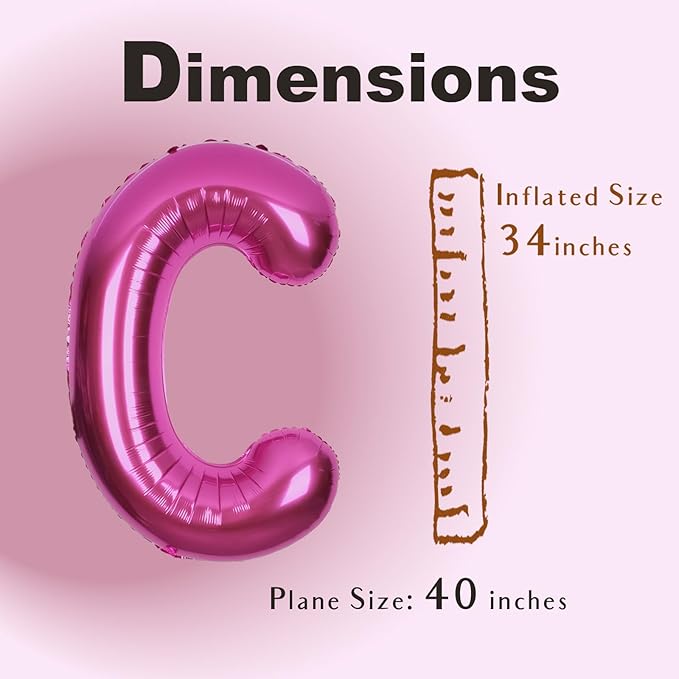 SUWEN 40 Inch Hot Pink Large C Letter Balloons Big Foil Helium Letter Balloons A-Z Jumbo Mylar Happy Birthday Party Decorations for Woman Anniversary Party Supplies