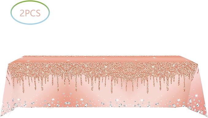 2Pcs Pink Rose Golden Birthday Party Tablecloths Rose Gold Sequin Plastic Table Cover, Pink Rose Gold Birthday Party Supplies Decorations for Girls Women, Graduation, Anniversary, Holiday
