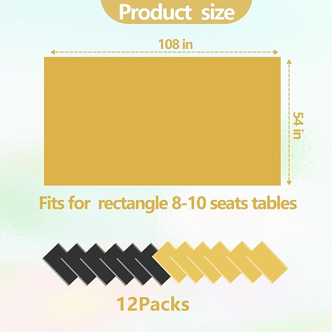 12 Pack Black and Gold Plastic Tablecloths, 54 x 108 Inch Disposable Rectangle Waterproof Table Covers for Graduation Birthday Wedding Party Decorations