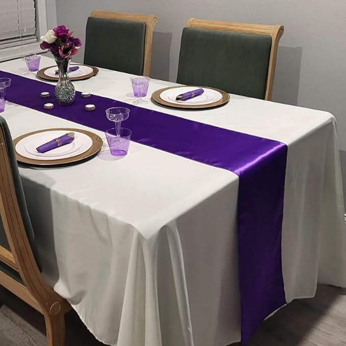 12Pack 12x108 Inch Satin Table Runner and 54x108Inch Plastic Tablecloths Set White Purple Disposable Rectangle Table Cover for Graduation Wedding Bridal Shower Anniversary Birthday Party Decorations