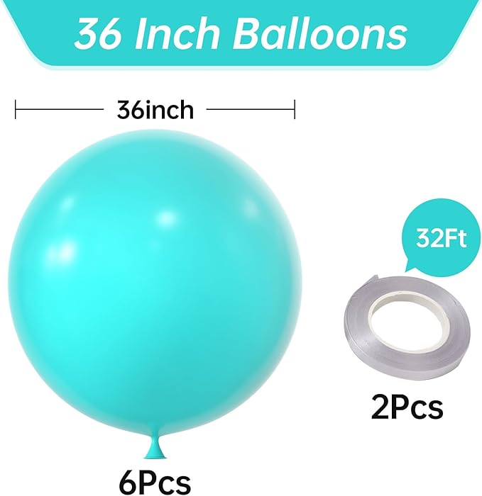 KALOR 36 Inch Giant Teal Blue Balloons, 6 Pack Large Round Teal Blue Latex Balloons for Anniversary, Birthday, Christmas, Wedding, Baby Shower Party Decorations