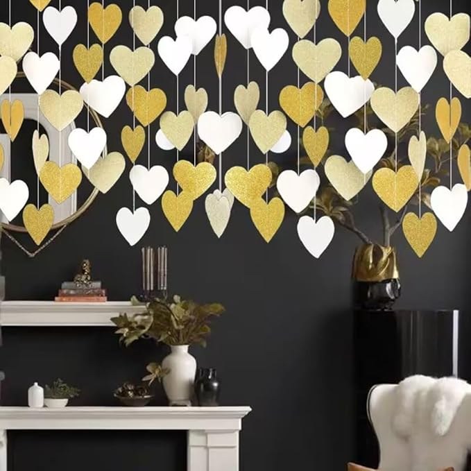 White and Gold Heart Garland Hanging Decorations, 52 Feet, Hanging Streamers for Christmas Party, Wedding, Birthday Parties, Graduations Parties, Valentine, Bridal Showersal (Gold-White Heart)