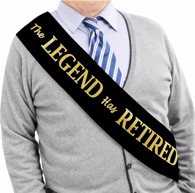 The Legend Has Retired Sash – Elegant Black and Gold Foil Legendary Sash for Both Women and Men & a Large Gold Safety Pin. Perfect for Retirement Parties