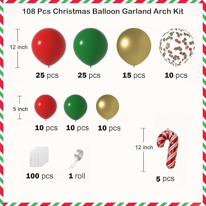 Christmas Balloons Garland Arch Kit, 116 Pcs Gold Red Green Confetti Balloons with Candy Cane Foil Balloon for Christmas Party Decorations Birthday Xmas Party Supplies