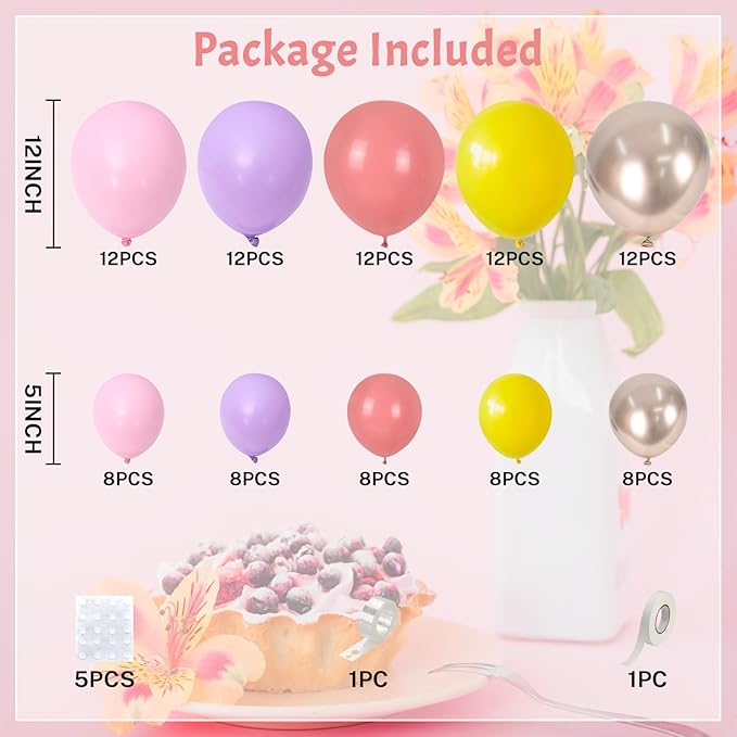 Fairy Balloon Arch Kit 107Pcs Pastel Pink Purple Balloons Garland Dusty Pink Yellow Champagne Gold Birthday Party Balloons for Girls Mushroom Butterfly Garden Wild Floral Bridal Baby Shower Decoration