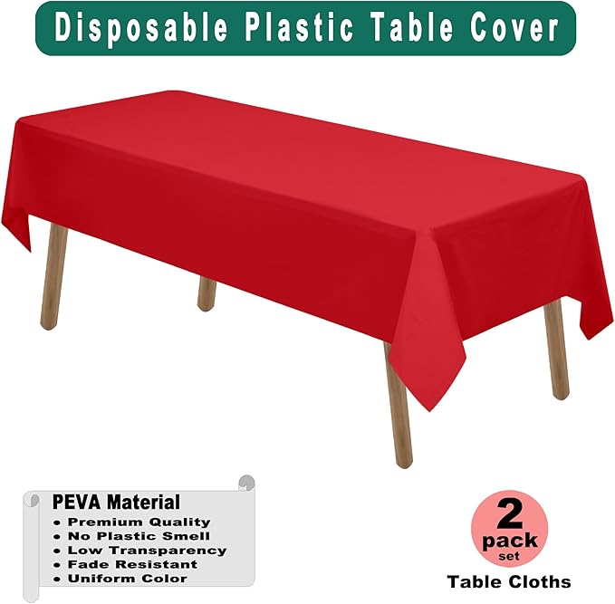 Red Plastic Tablecloths - 2 Pack Disposable Table Covers 54 x 108 Inch Bridal Shower, Party, Picnic, Birthday, Wedding, Banquet Use - PEVA Table Cloths 8 ft Rectangle