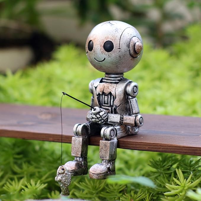 Fishing Robot Statue Funny Halloween Decorations, 4.33 Inch Cute Sitting Figurine Shelf Sitter Resin Sculpture for Outdoor Garden Yard Lawn Pond Waterfalls Pool Ornaments