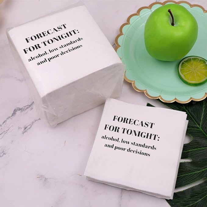Funny Cocktail Napkins 100Pcs Funny Quotes Saying Disposable Paper Party Napkins 4.5 x 4.5 Two-ply (Forecast For Tonight: Alcohol, Low Standards, and Poor Decisions Napkins)