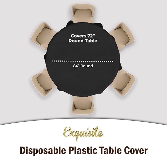 Exquisite 12-Pack Premium Plastic Tablecloth 84in. Round Table Cover - Black