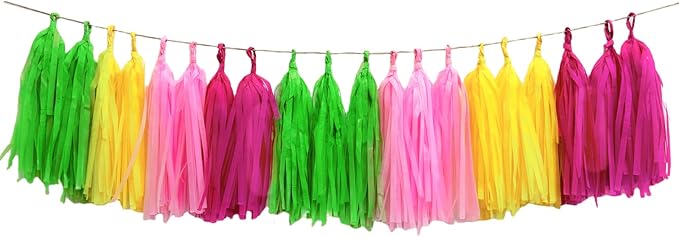 Aimto Pink Yellow and Green Tassel Garland Banner Paper Tassels for Party Decorations,Pack of 20