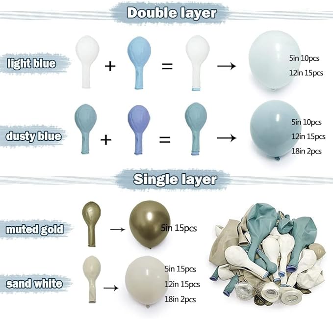 Dusty Blue White Sand Balloon Garland Double Stuffed Pastel Light Blue Cream Beige Matte Balloon Arch Kit with Gold Latex for Neutral Baby Shower Bridal Wedding Birthday Easter Party