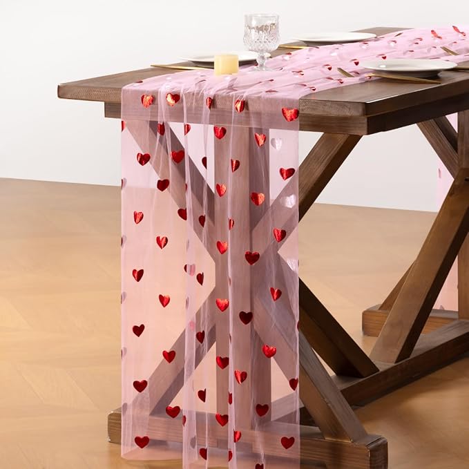 Socomi Valentine's Day Red Heart Table Runner Gauze Sheer Romantic Sequin 10FT Glitter Metallic Foil Dining Wedding Birthday Party Baby Shower Holiday Centerpiece Table Decor 3pcs Pink