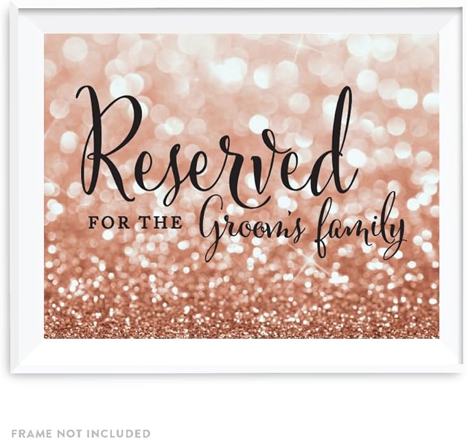 Andaz Press Wedding Party Signs, Glitzy Rose Gold Glitter, 8.5x11-inch, Reserved for the Groom's Family, 1-Pack, Bokeh Colored Party Supplies