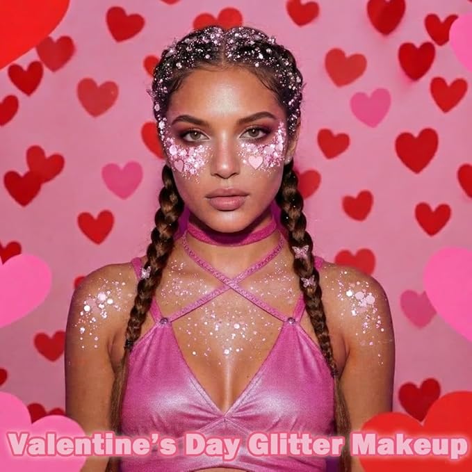 Pnk Face Hair Glitter,Cheer Holographic Pink Body Glitter,Rave Music Festival Singer Concert Outfit for Women,Pink Out Accessories for Spirit Week,Halloween Cosplay Shimmer Makeup