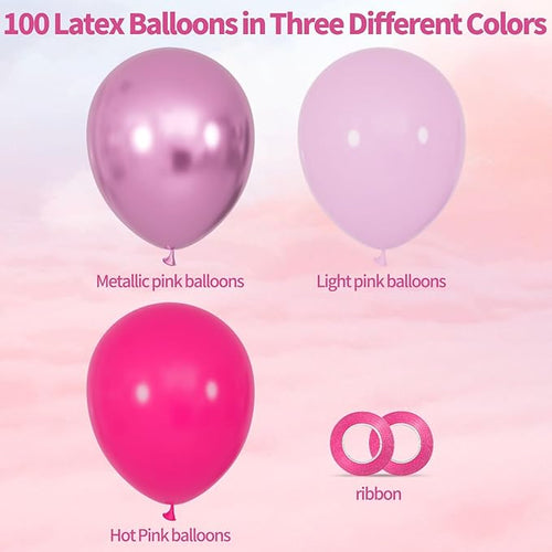 100Pcs Pink Balloons 12Inch Hot Pink Metallic Chrome Latex Balloons Baby Pink Balloon for Birthday Wedding Baby Shower Princess Party Decorations