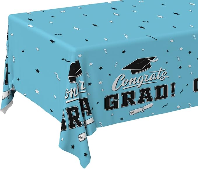 Gatherfun Graduation Party Decorations, Gongrats Grad Tablecover for Graduation Party Supplies, 3 pcs Sky Blue Table Cloths, 54"x108"