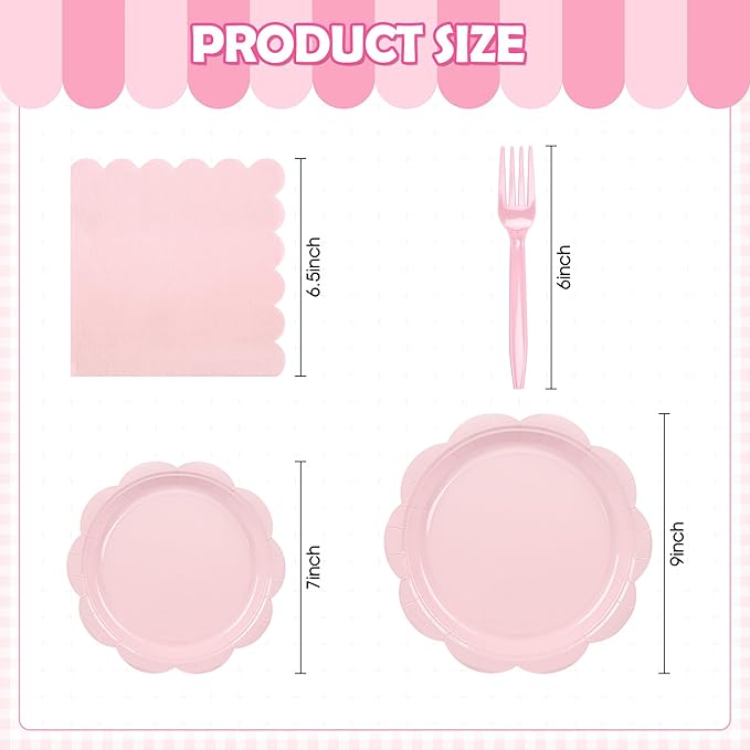 96 Pcs Pink Paper Plates and Napkins Set Party Supplies, Tableware set for 24 Guest include Disposable Pink Scalloped Plates, Napkins and Forks for Baby Shower Bridal Shower Wedding Mother Day