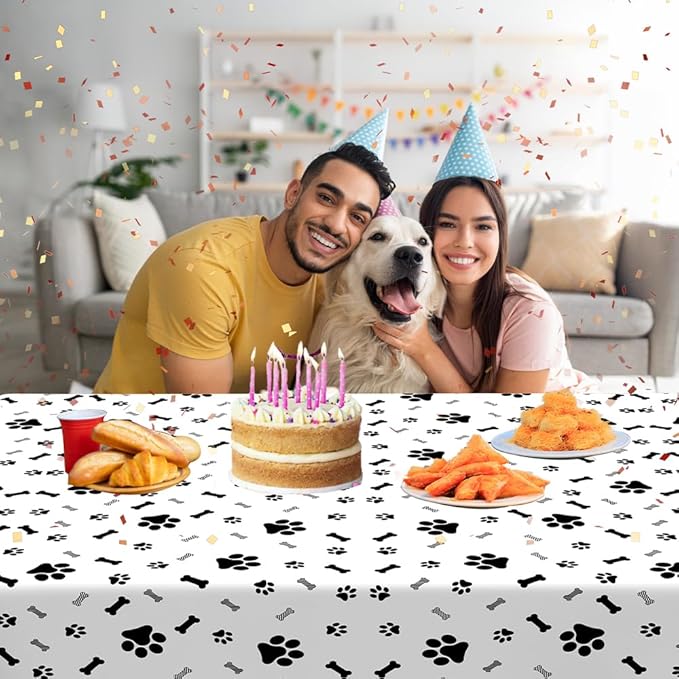 Paw Print Tablecloth, 2 Pack 54 x 108 Inches, Disposable Plastic Rectangle Table Cloth Cover, Puppy Dog Themed Birthday Party Favors Supplies, Pawty Table Decor