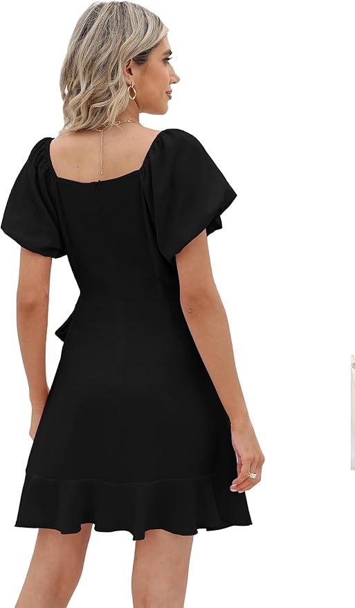 Sampeel Womens Summer Dresses Square Neck Puff Sleeve Tie Waist Short Dress