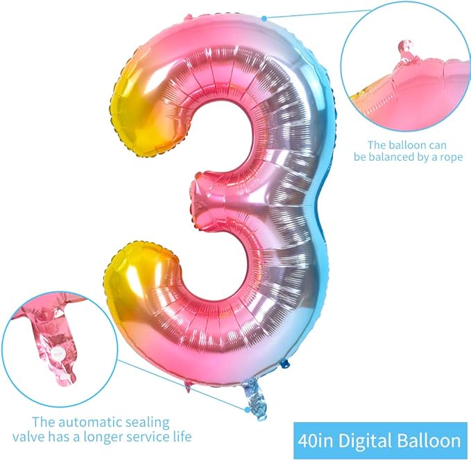 TONIFUL 40 Inch Rainbow Large Numbers Balloons 0-9, Number 3 Digital 3 Helium Balloons, Foil Mylar Big Number Balloons for Birthday Party Anniversary Supplies Decorations