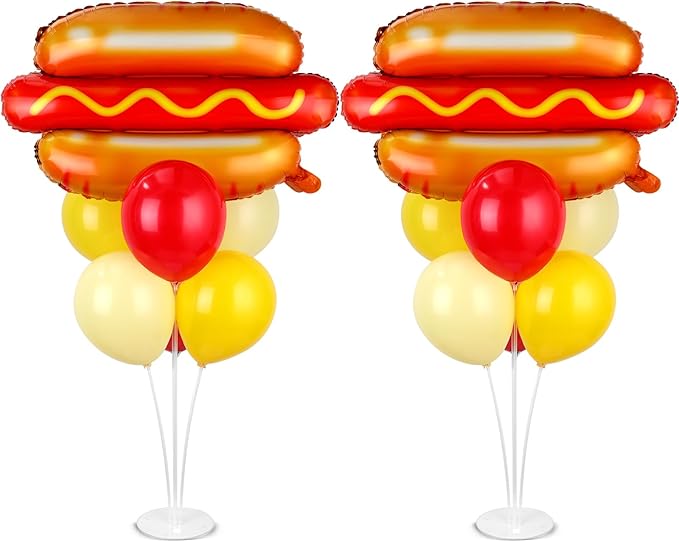 Hot Dog Party Balloons Stand Kit 2 Sets with 2 Food Shaped Foil Balloons Picnic Burger Themed Balloon Centerpiece for Tables for BBQ Birthday Party Supplies Baby Shower Hot Dog Themed Decorations