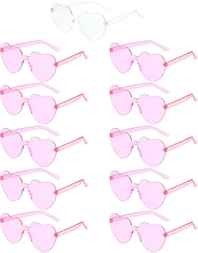 11 Pairs Heart Shaped Glasses Rimless Frameless Sunglasses Transparent Tinted Eyewear, 1 Bride + 10 Team Bride Glasses Bachelorette/Wedding Party Bridal Shower Party Favours Photo Booth Props