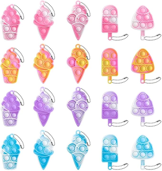 20Pcs Ice Cream Mini Pop Keychain Fidget Toy, Ice Cream Party Favors Supplies, Silicone Mini Pop Toys Birthday for Kids Anxiety Stress Reliever for Adults