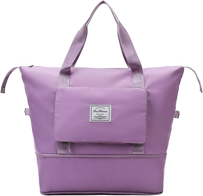 Large Capacity Folding Travel Bag, Lightweight Waterproof Luggage Bag, Expandable Travel Duffel Bag, Dry Wet Separated Gym Tote Bag, Weekender Overnight Bags for Women and Man (Light Purple)