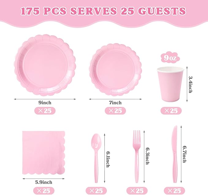 Vyntra 175 Pcs Pink Valentines Disposable Paper Plates and Napkins Set for 25, 9" Dinner Plates & 7" Dessert Plates, Tableware for Baby Shower, Bridal Shower, Birthday, Party