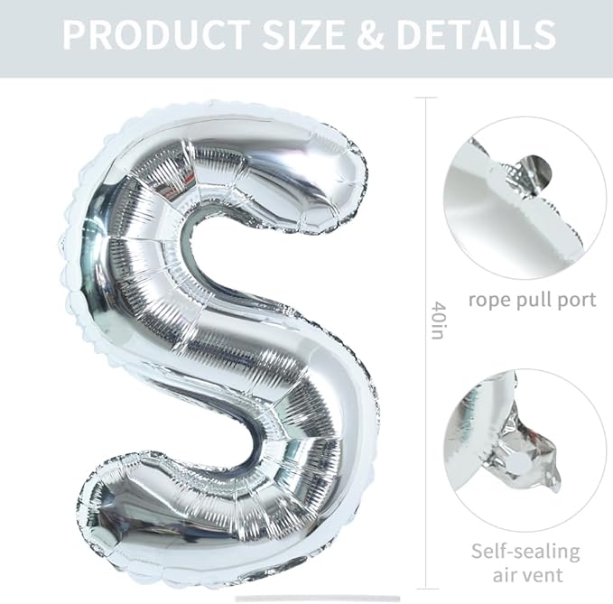 TONIFUL 40 Inch Large Silver Letter S Balloons Helium Balloons,Foil Mylar Big Letter Balloons for 2026 New Year Eve Graduation Wedding Baby Shower Birthday Party Anniversary Supplies Decorations