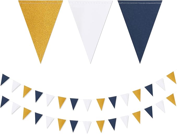Navy-Blue White-Gold Party Decorations Banner - 2 Pack Men Birthday Graduation 2026 Glitter Sprinkles Paper Pennant Triangle Flags, Fathers Day Wedding Baby Bridal Shower Bunting Lasting Surprise