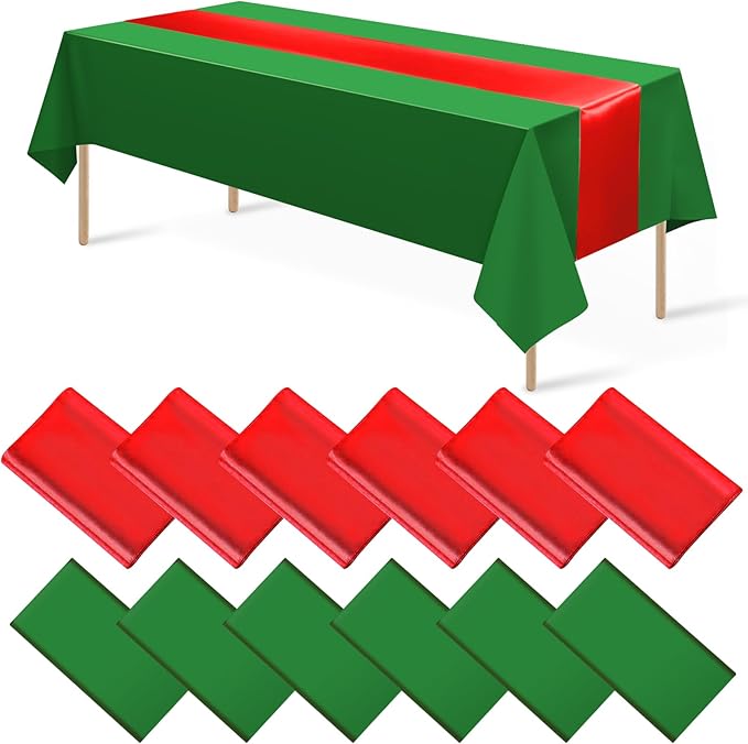 12 Pack 12x108 Inch Satin Table Runner and 84 Inch Rectangle Plastic Tablecloths Set Christmas Green and Red Disposable Table Cloth for New Year Christmas Wedding Holiday Anniversary Party Decorations