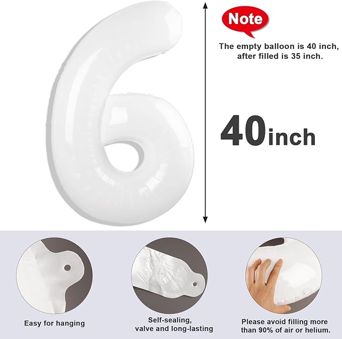 Number 6 Balloon 40 Inch, 6th Birthday Balloon for Boy Girl, White 16 60 61 65 Numbers Balloons Birthday Party Wedding Events Decorations