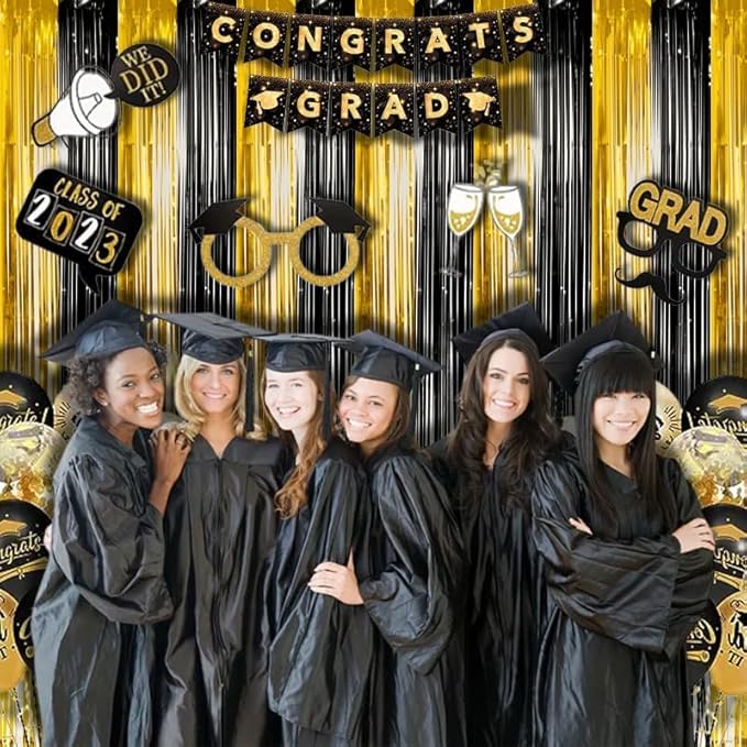 BRAVESHINE 3.2 x 8.2ft Black Gold Foil Fringe Curtains - 2 Pack Tinsel Photo Booths Party Streamers Backdrop for New Years/Boy/Men/Birthdays/Engagement/Homecoming/Farewell/Prom/Christmas Decorations