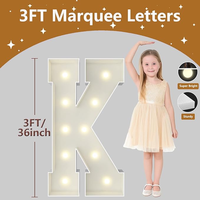 3FT Marquee Light Up Letters, Large Marquee Letters, Pre-cut Foam Board Letter K for Engagement Wedding Decorations Birthday Party Backdrop Decor, Balloon Arch Kit