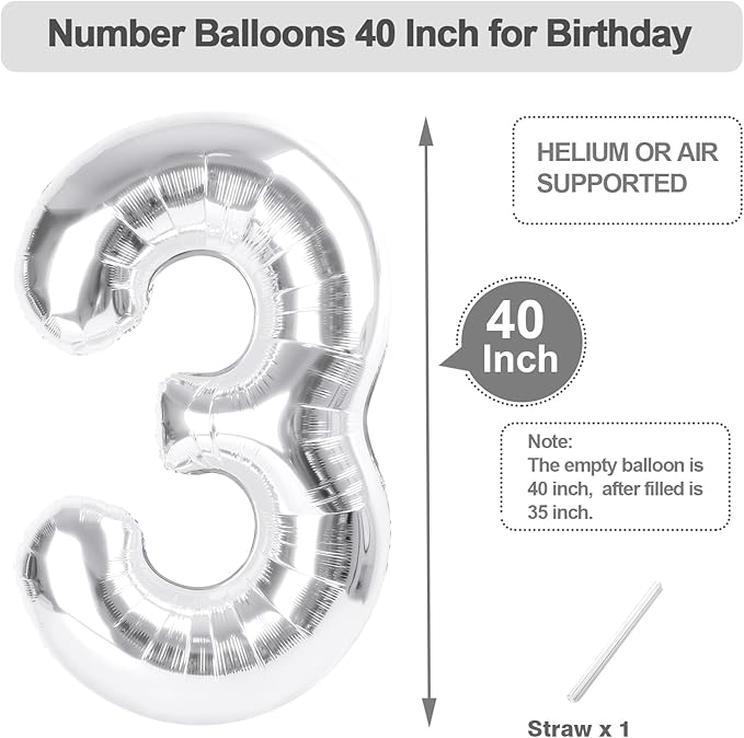 Silver Number Balloons 40 Inch, 3rd Birthday Decorations for Girls Boys, Number 3 Ballon for 3, 13, 23, 33 Celebration, Men and Women Birthday, Wedding, Anniversary Decor