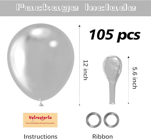 105pcs Metallic Silver Balloons 12inch Party Latex Balloons for Birthday Graduation Baby Shower Wedding Anniversary New Year Party Decorations