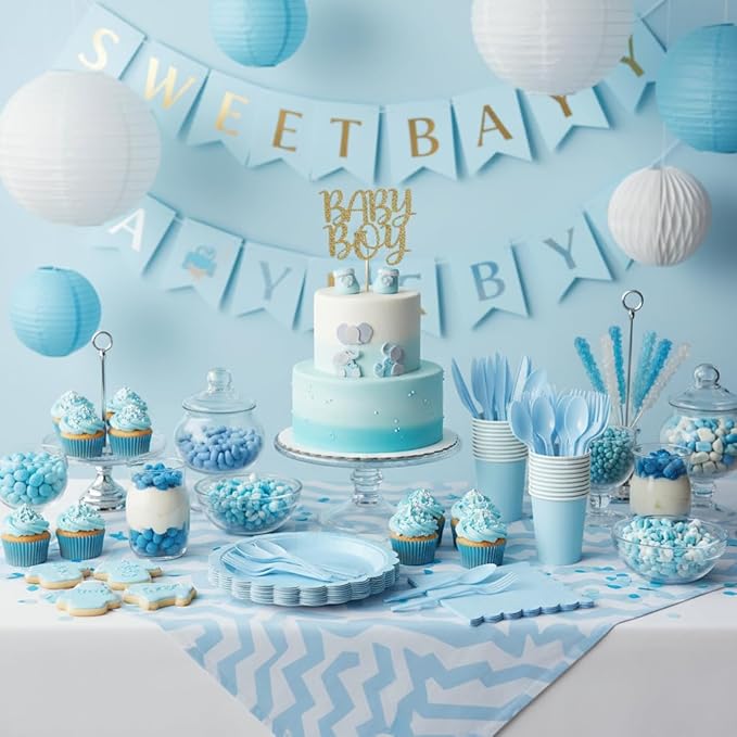 175 Pcs Light Blue Paper Plates and Napkins, Boy Baby Shower Decorations Include Light Blue Scalloped Plates Napkins Cups Plastic Spoons Forks Knives for Birthday, Bridal Shower, Wedding,