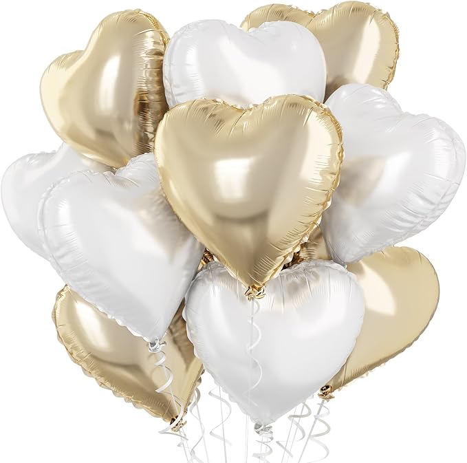 Gold White Foil Heart Balloons, 18 Inch 10 Pcs Pastel Yellow White Foil Heart Shape Balloons Large Light Yellow and White Heart Balloons for Birthday Wedding Graduation Baby Party Valentines
