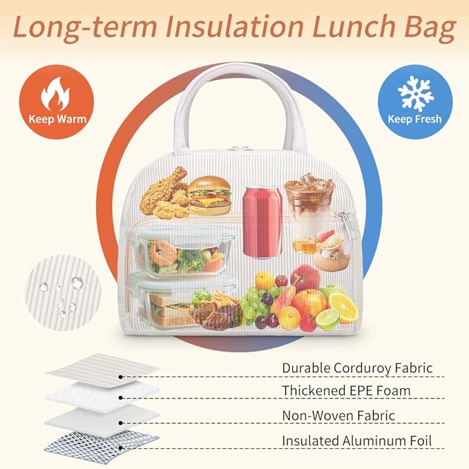 Coobiiya Corduroy Lunch Bag Lunch Box for Women Men, Cute LunchBag Lunch Tote Bags Insulated Reusable LunchBox Large Capacity Cooler Bag for Work Travel Picnic